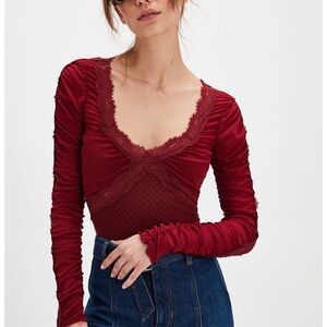 FREE PEOPLE FOREVER YOUNG LACE EMBELLISHED BODY SUIT LONG SLEEVE M L GARNET